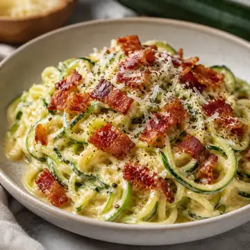 Low Carb Zucchini Noodle Carbonara with Crispy Bacon